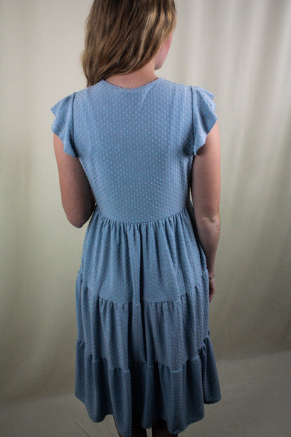 Swiss Dot Ruffle Cap Sleeve Tiered Dress - Light Blue