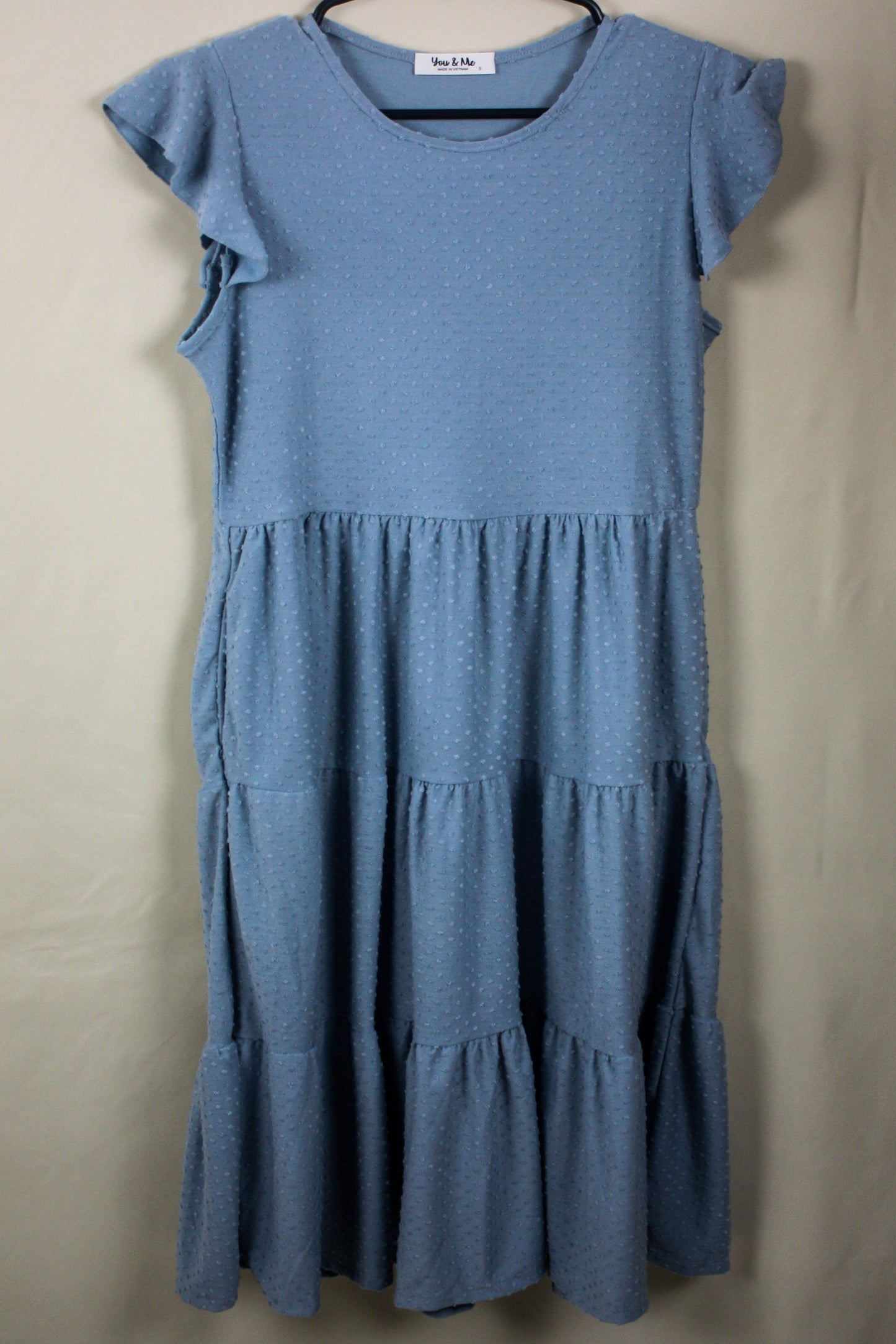 Swiss Dot Ruffle Cap Sleeve Tiered Dress - Light Blue