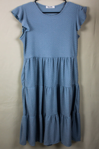 Swiss Dot Ruffle Cap Sleeve Tiered Dress - Light Blue
