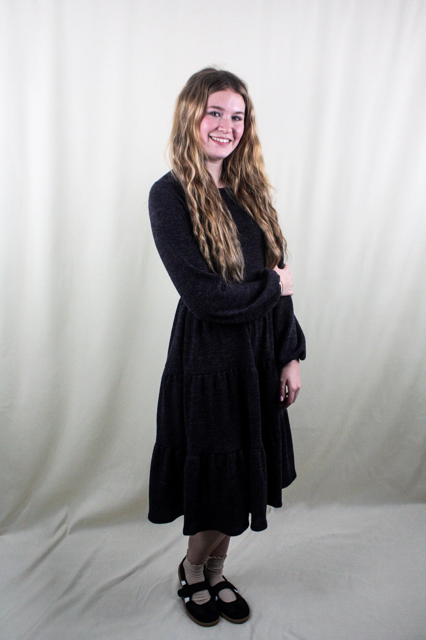 Puff Sleeve Tiered Dress - Charcoal