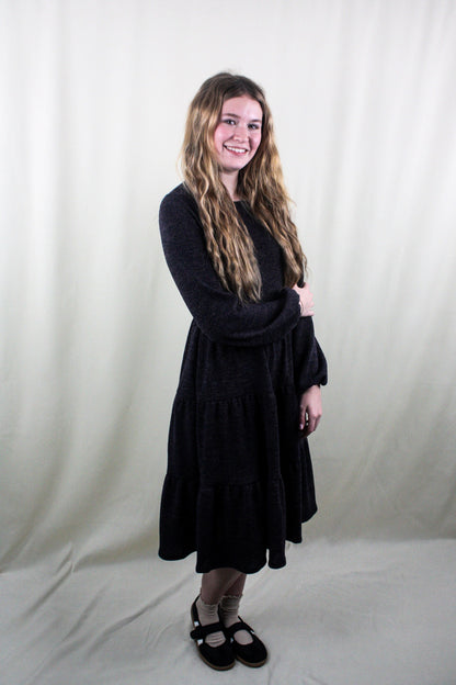 Puff Sleeve Tiered Dress - Charcoal