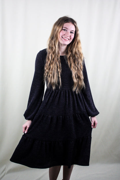 Puff Sleeve Tiered Dress - Charcoal