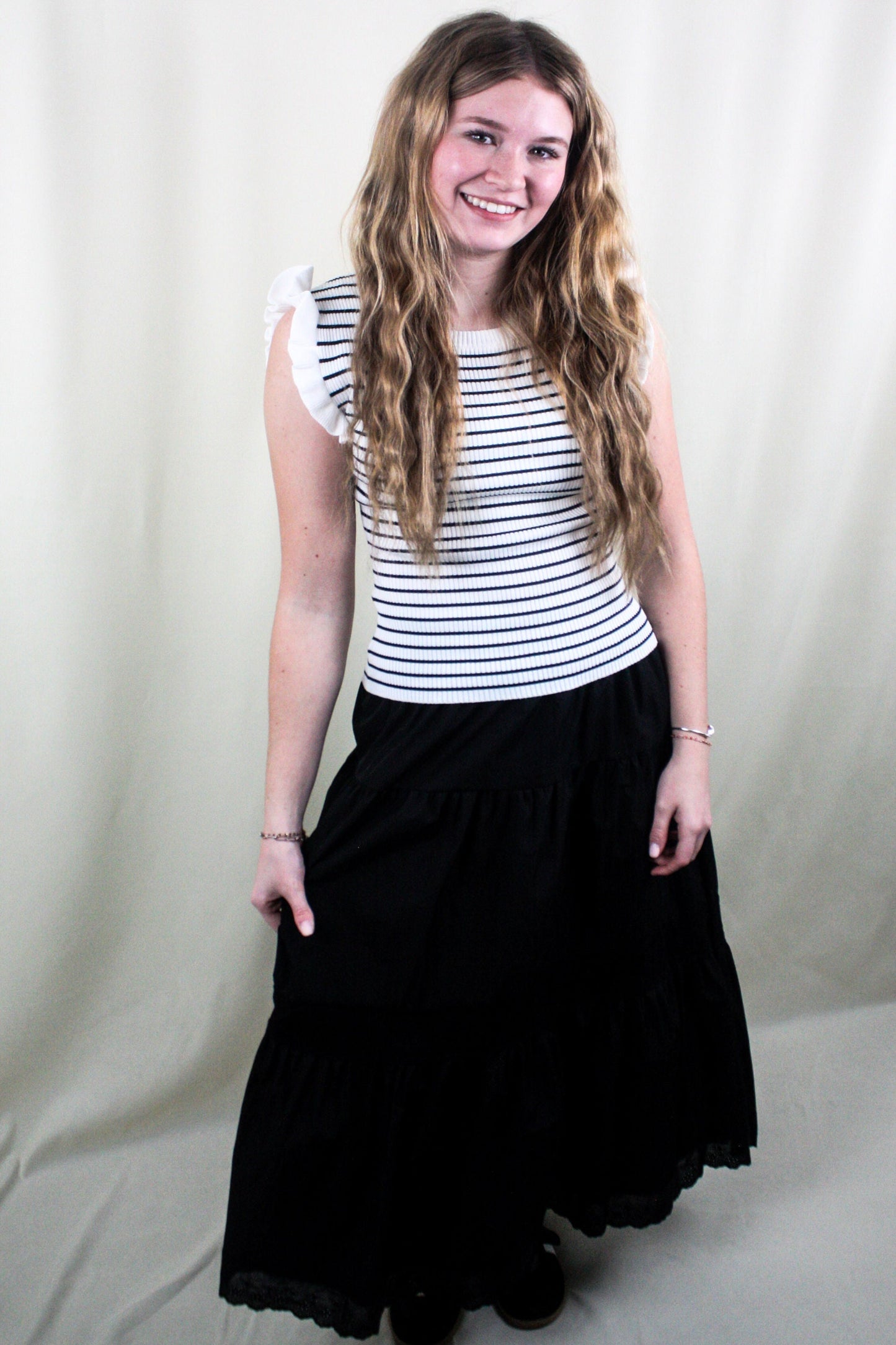 Tiered Maxi Skirt with Lace Trim - Black