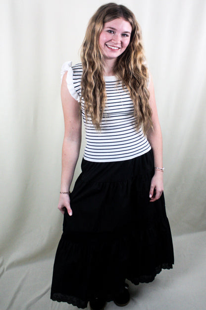 Tiered Maxi Skirt with Lace Trim - Black