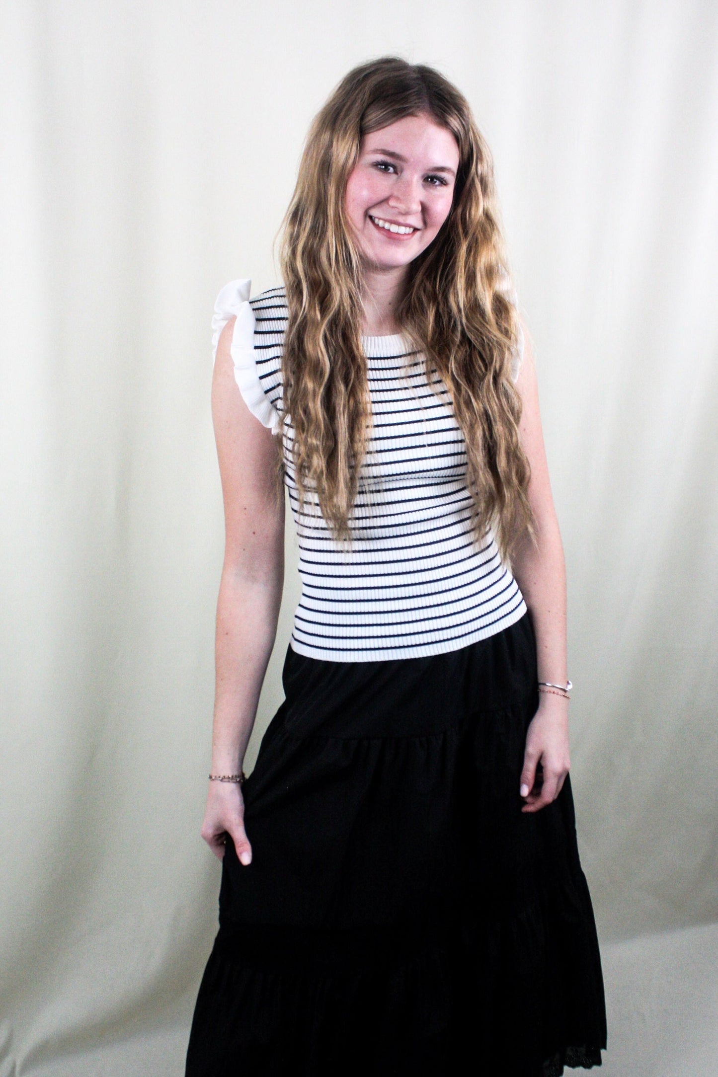Striped Ruffle Trim Sleeveless Sweater - Ivory