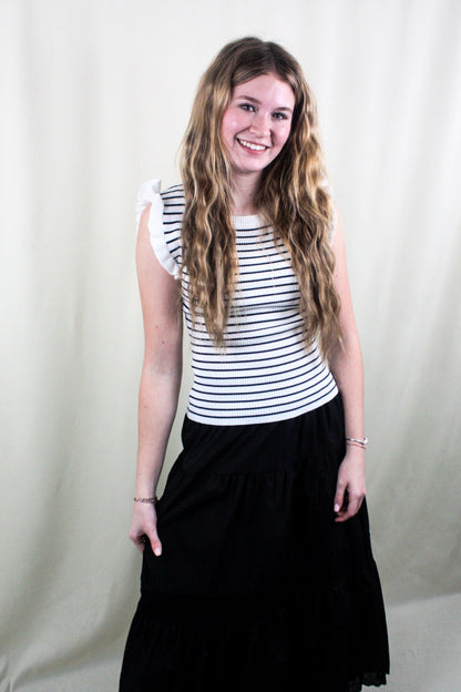 Striped Ruffle Trim Sleeveless Sweater - Ivory