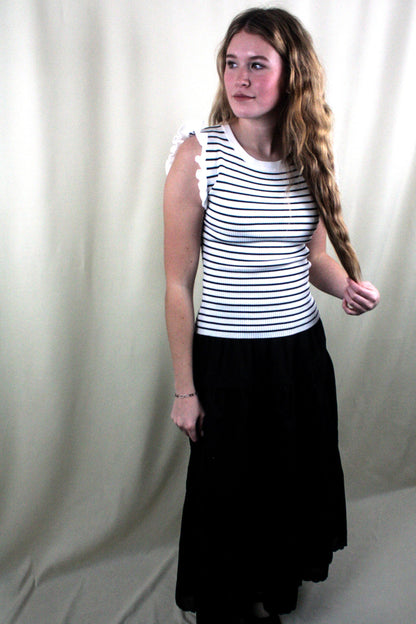 Tiered Maxi Skirt with Lace Trim - Black