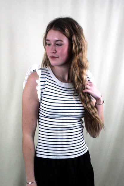 Striped Ruffle Trim Sleeveless Sweater - Ivory