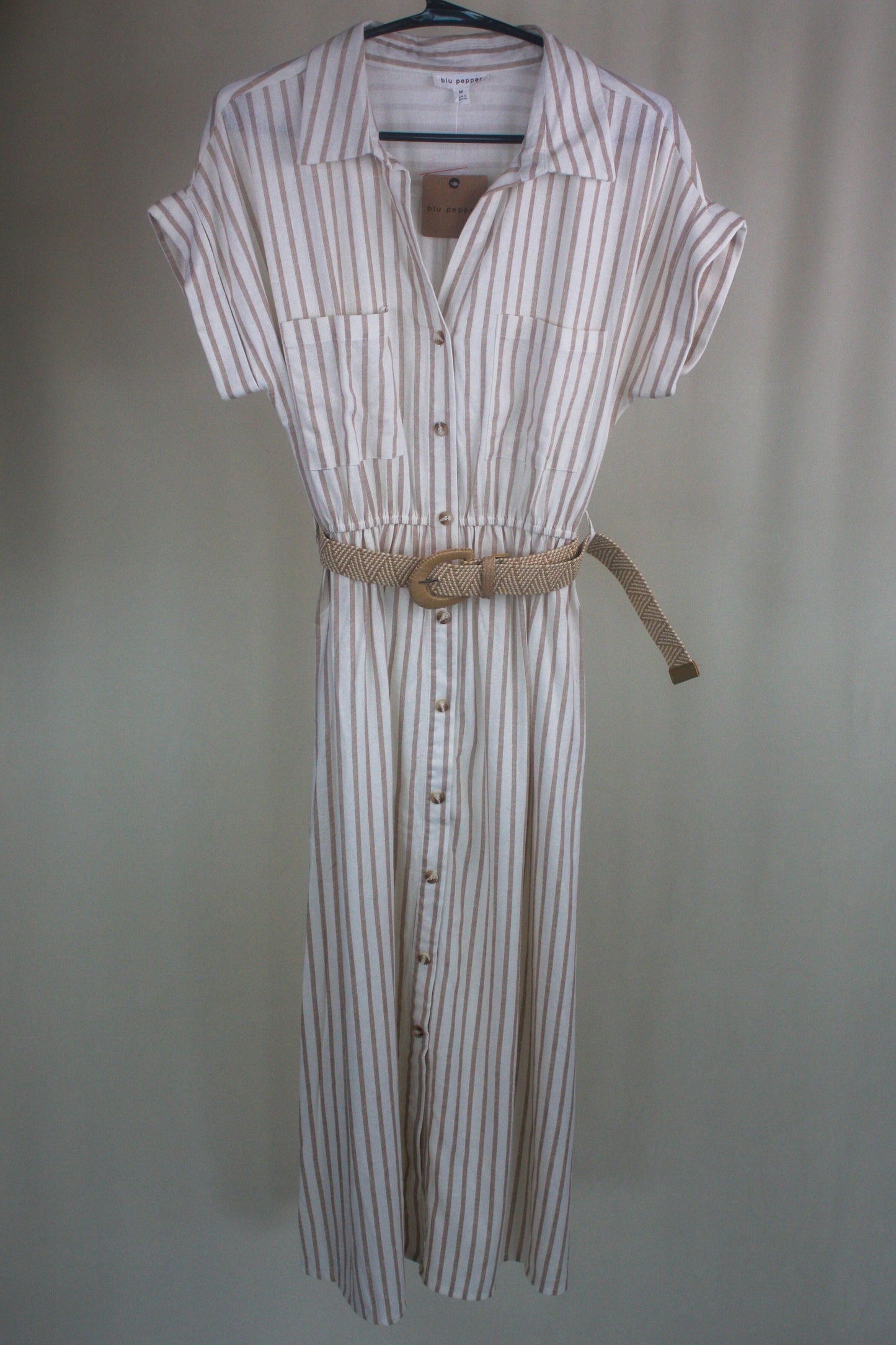 Striped Collared Short Sleeve Belted Midi Shirt Dress - Khaki