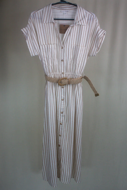 Striped Collared Short Sleeve Belted Midi Shirt Dress - Khaki
