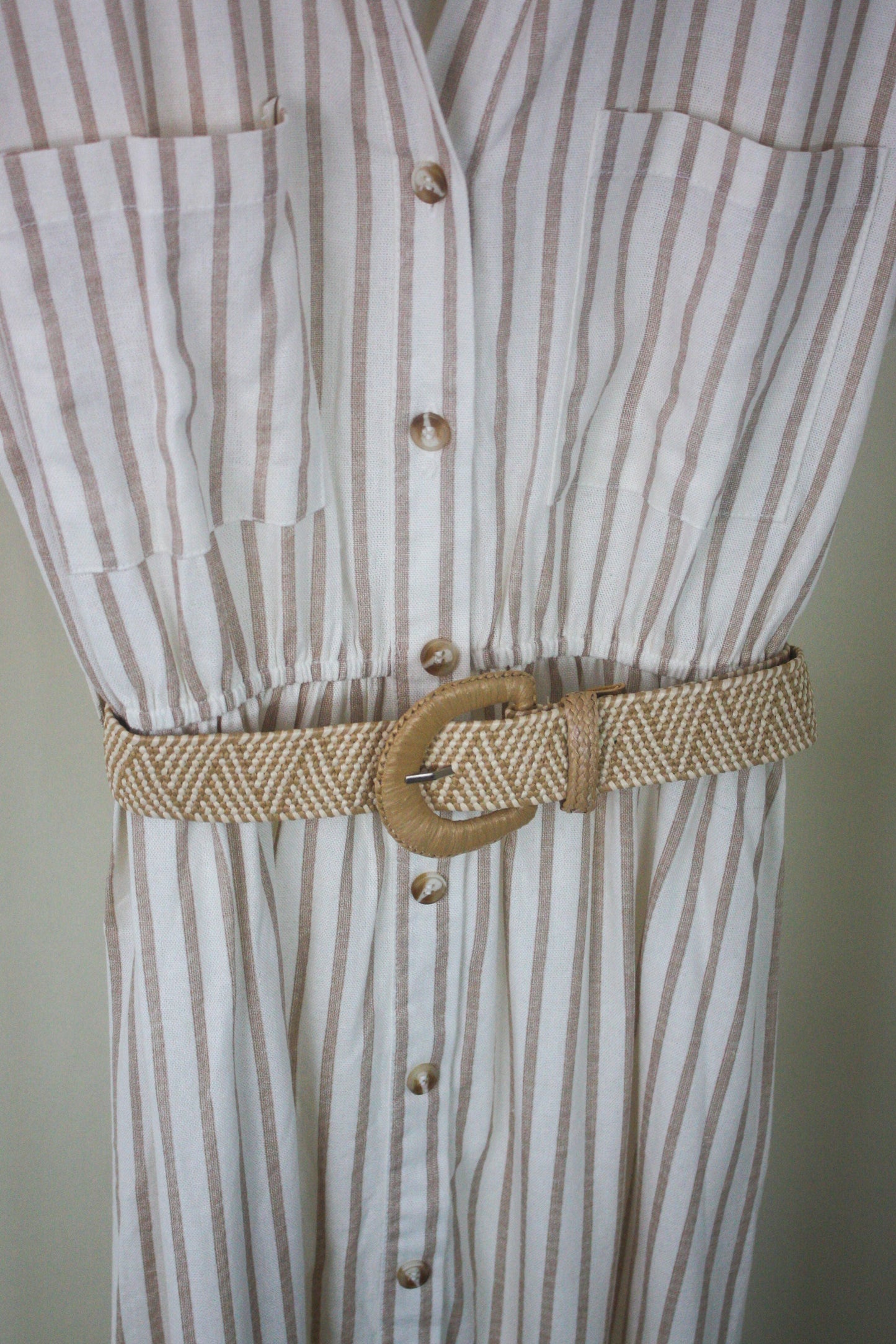 Striped Collared Short Sleeve Belted Midi Shirt Dress - Khaki