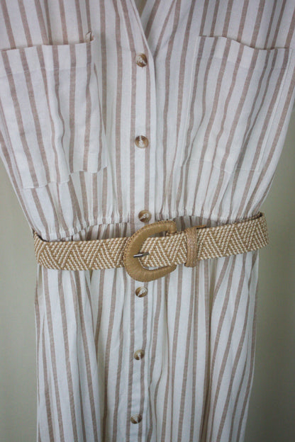 Striped Collared Short Sleeve Belted Midi Shirt Dress - Khaki