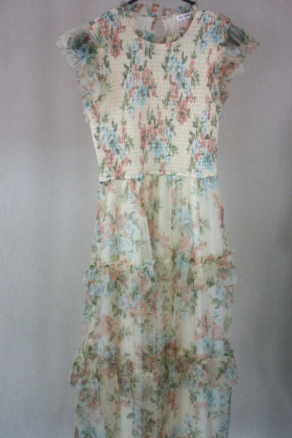 Floral Tulle Smocked Tiered Dress - Butter Yellow