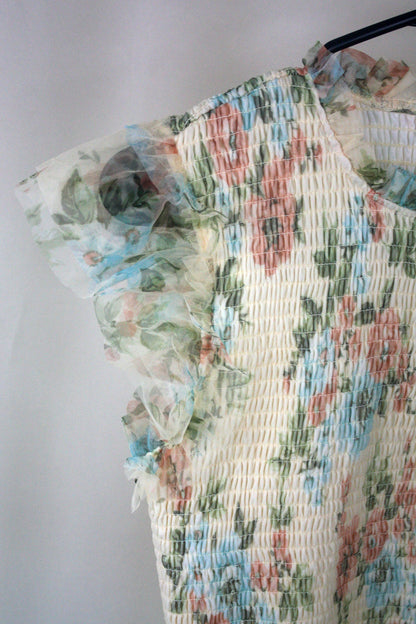 Floral Tulle Smocked Tiered Dress - Butter Yellow