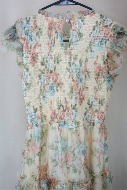 Floral Tulle Smocked Tiered Dress - Butter Yellow