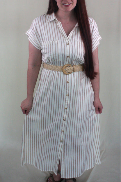 Striped Collared Short Sleeve Belted Midi Shirt Dress - Khaki