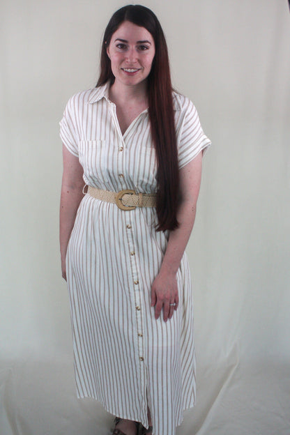 Striped Collared Short Sleeve Belted Midi Shirt Dress - Khaki