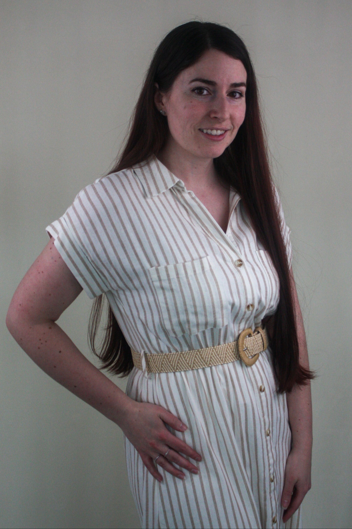 Striped Collared Short Sleeve Belted Midi Shirt Dress - Khaki