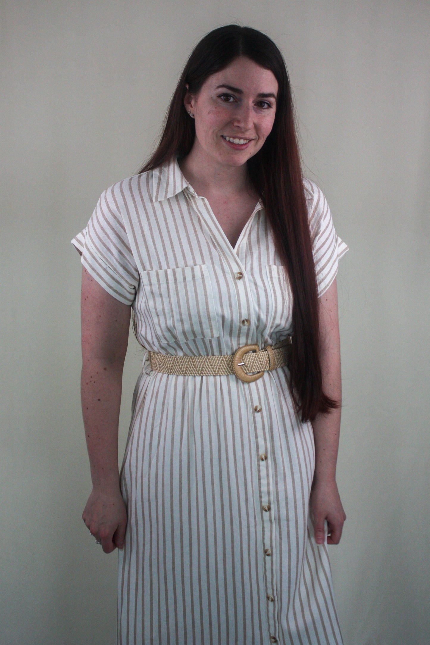 Striped Collared Short Sleeve Belted Midi Shirt Dress - Khaki