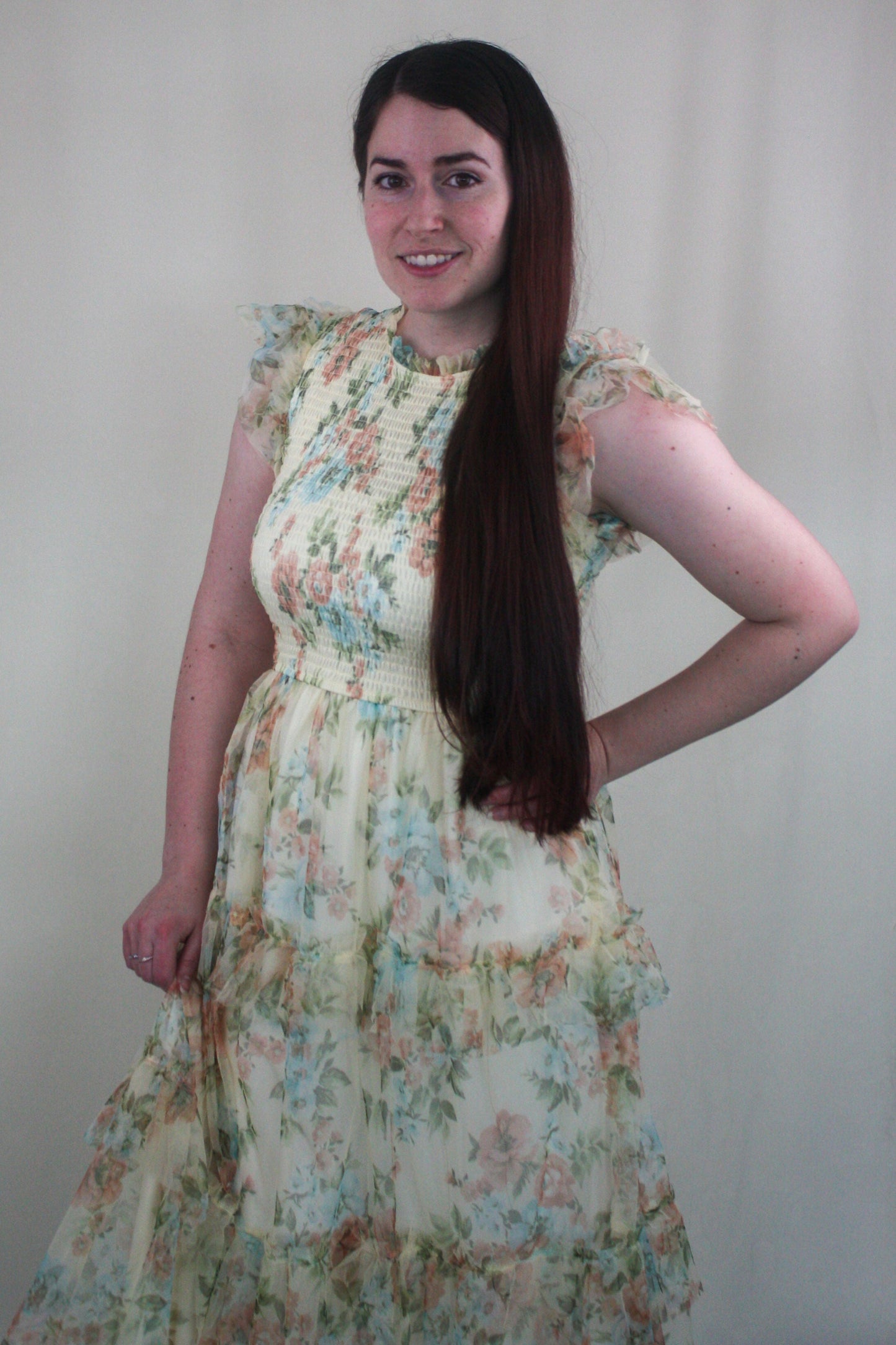 Floral Tulle Smocked Tiered Dress - Butter Yellow