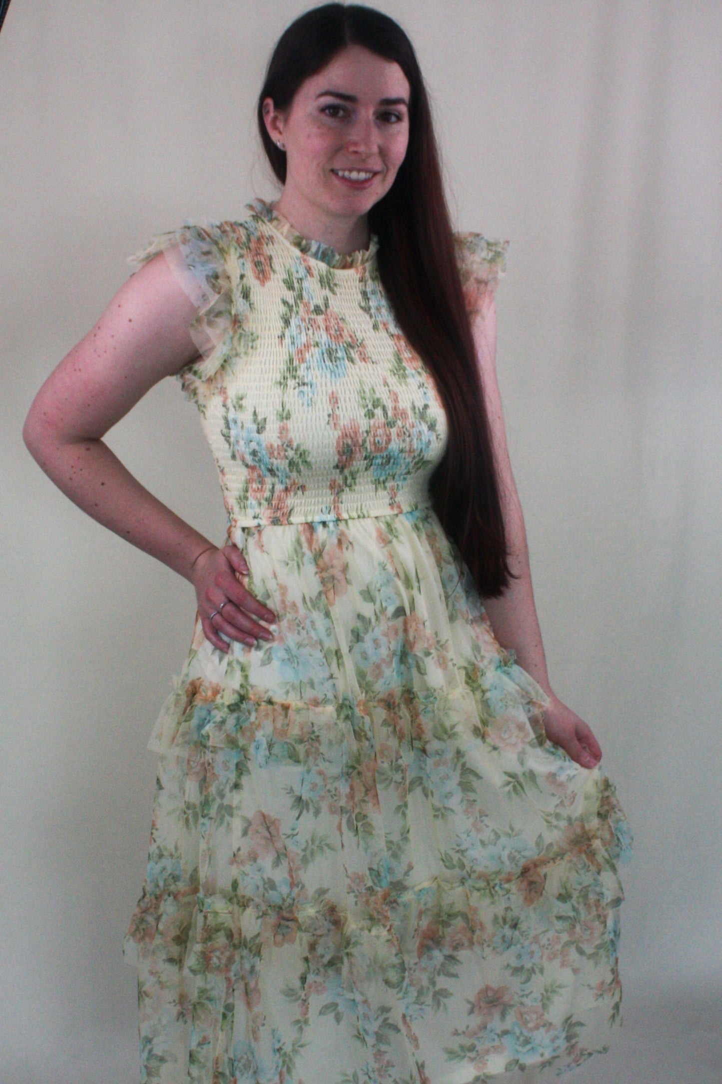 Floral Tulle Smocked Tiered Dress - Butter Yellow