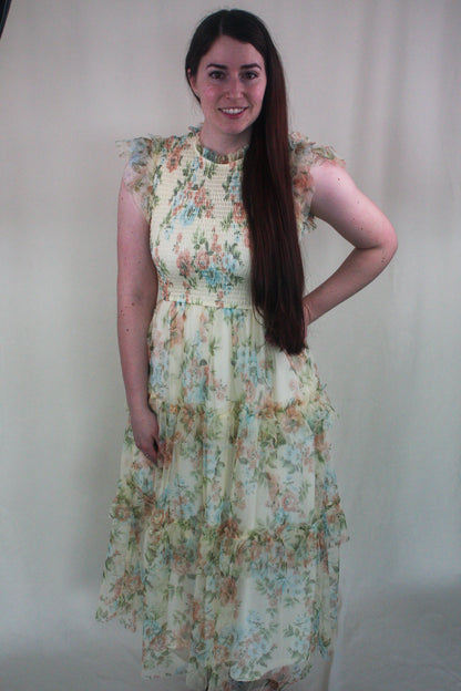 Floral Tulle Smocked Tiered Dress - Butter Yellow