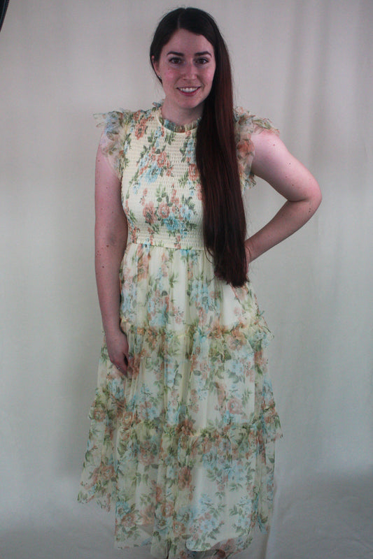 Floral Tulle Smocked Tiered Dress - Butter Yellow