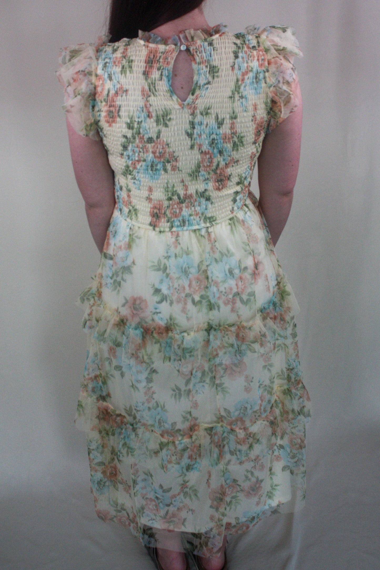 Floral Tulle Smocked Tiered Dress - Butter Yellow