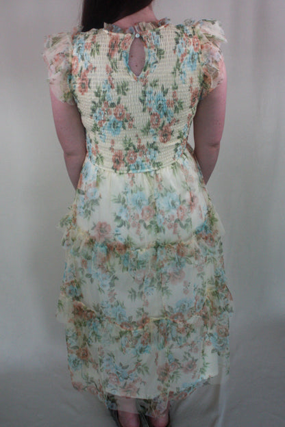 Floral Tulle Smocked Tiered Dress - Butter Yellow