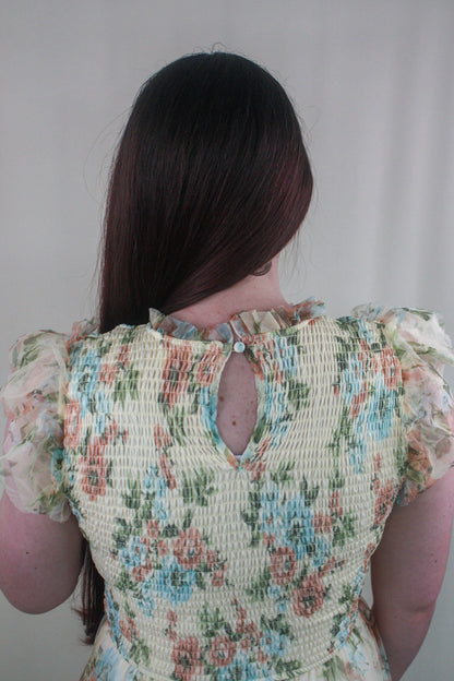 Floral Tulle Smocked Tiered Dress - Butter Yellow