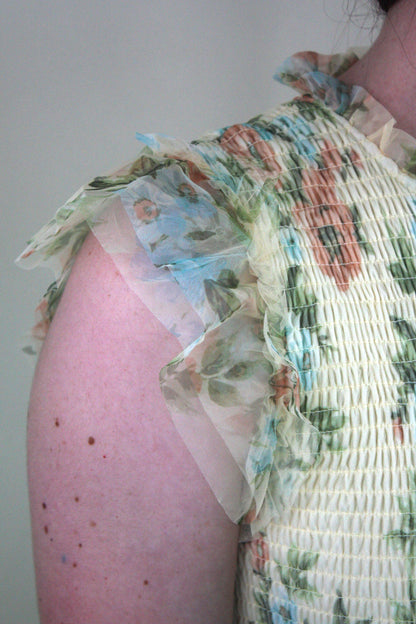 Floral Tulle Smocked Tiered Dress - Butter Yellow