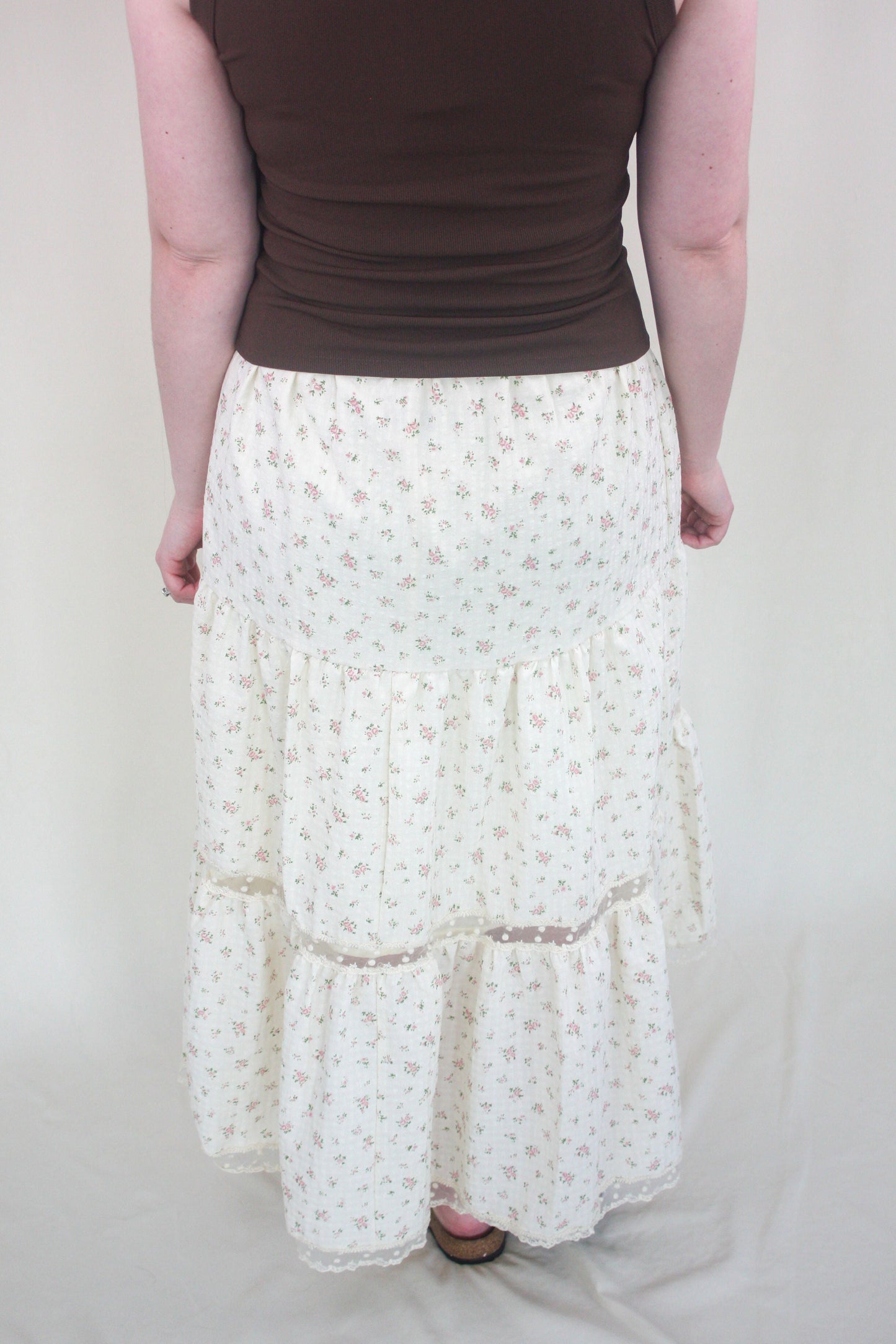 Floral Lace Trim Tiered Skirt - Pink