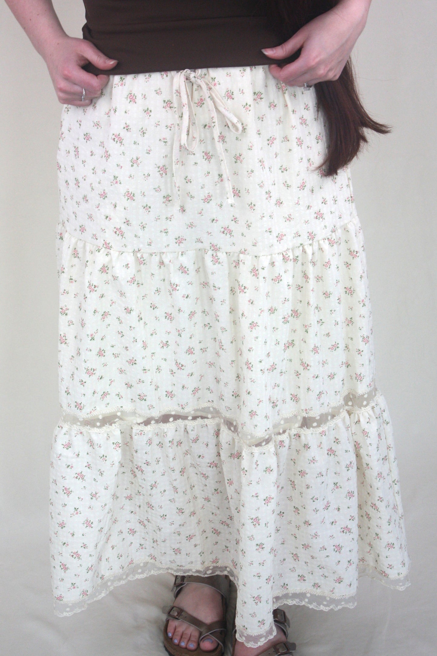 Floral Lace Trim Tiered Skirt - Pink