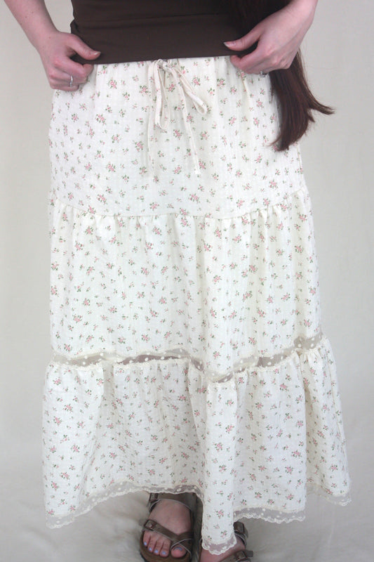 Floral Lace Trim Tiered Skirt - Pink